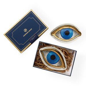 Jonathan Adler Eye Trinket Tray Set – Blue Porcelain with Gold Trim (Set of 2)
